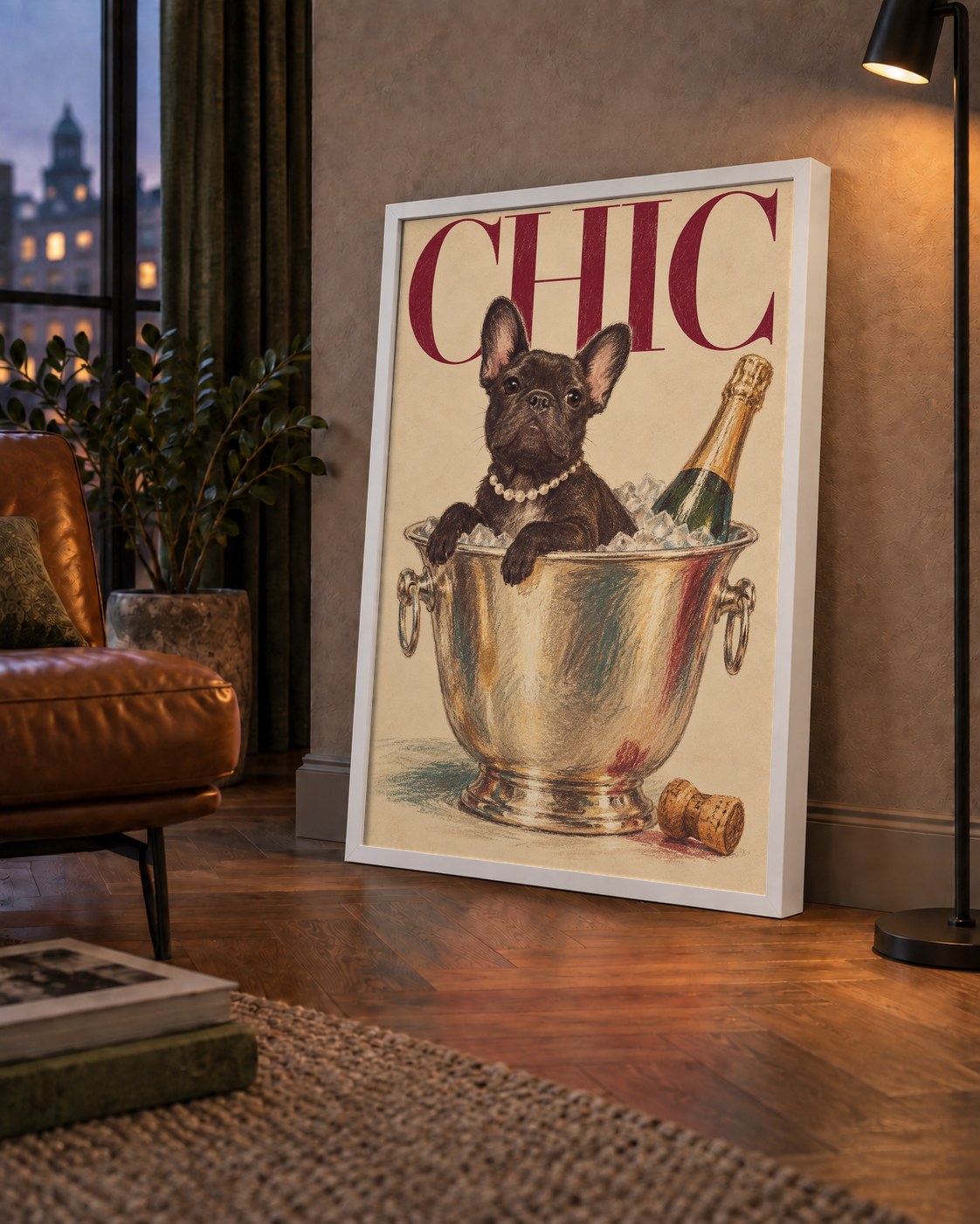Chic Köpek ve Şampanya Kovalı Şık Poster – Lüks Eğlence Stili — çerçeveli hâliyle bir ev duvarında