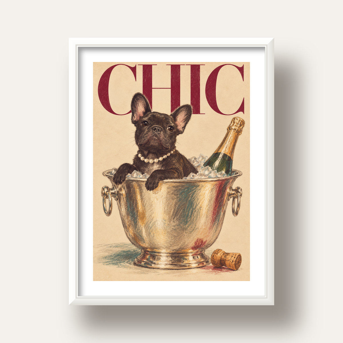 Chic Köpek ve Şampanya Kovalı Şık Poster – Lüks Eğlence Stili — beyaz derin çerçeveli paspartulu