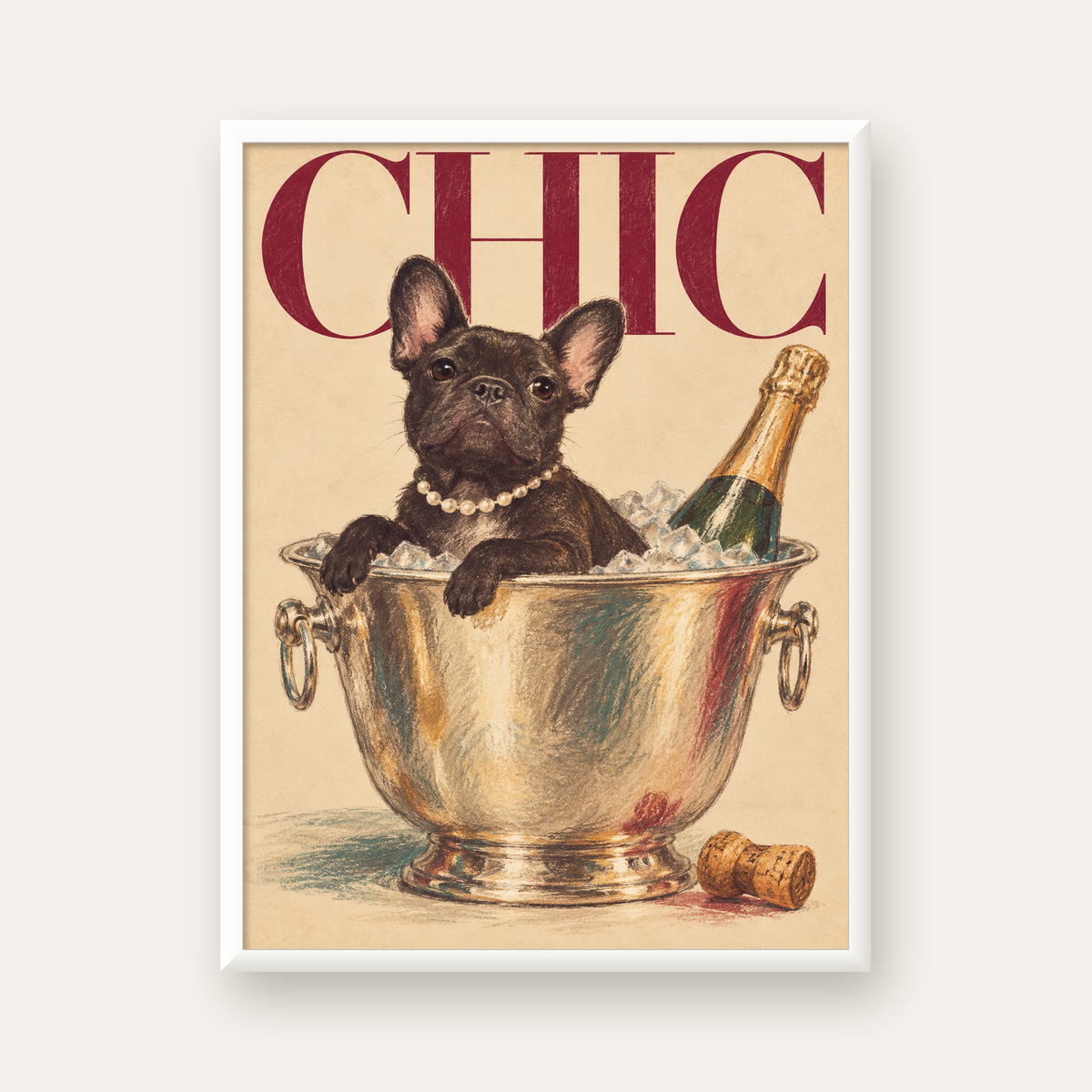 Chic Köpek ve Şampanya Kovalı Şık Poster – Lüks Eğlence Stili — beyaz çerçeveli dikey poster