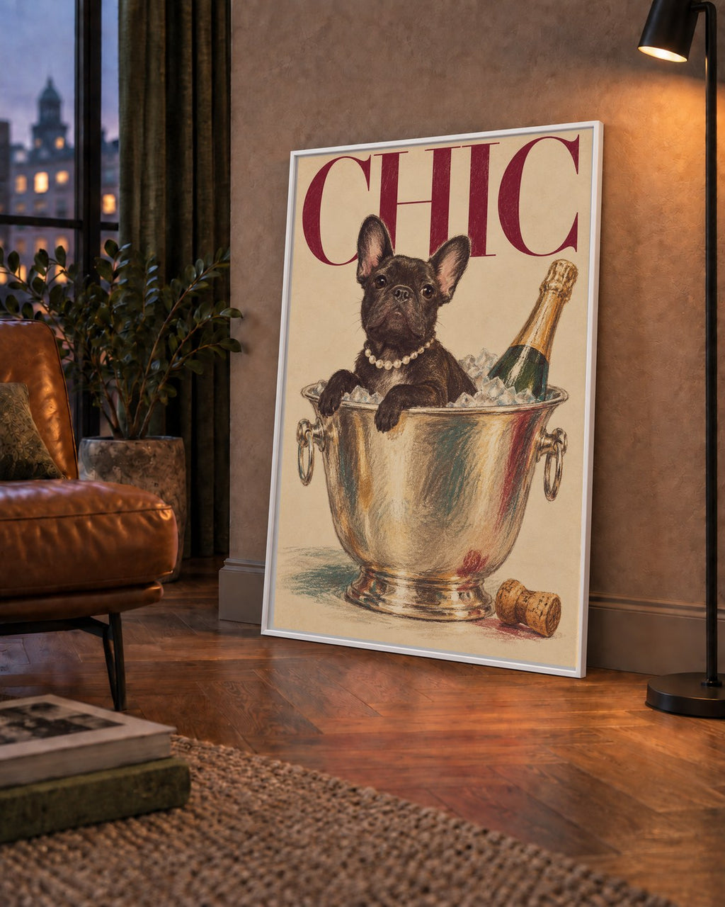 Chic Köpek ve Şampanya Kovalı Şık Poster – Lüks Eğlence Stili — çerçeveli hâliyle bir ev duvarında