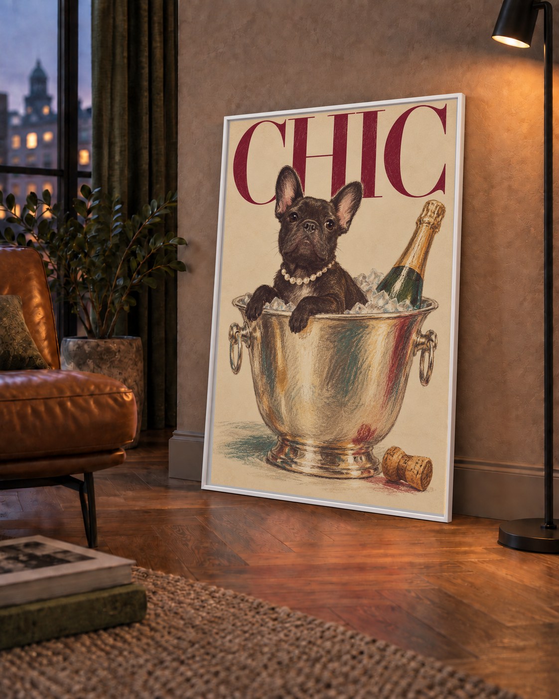 Chic Köpek ve Şampanya Kovalı Şık Poster – Lüks Eğlence Stili — çerçeveli hâliyle bir ev duvarında