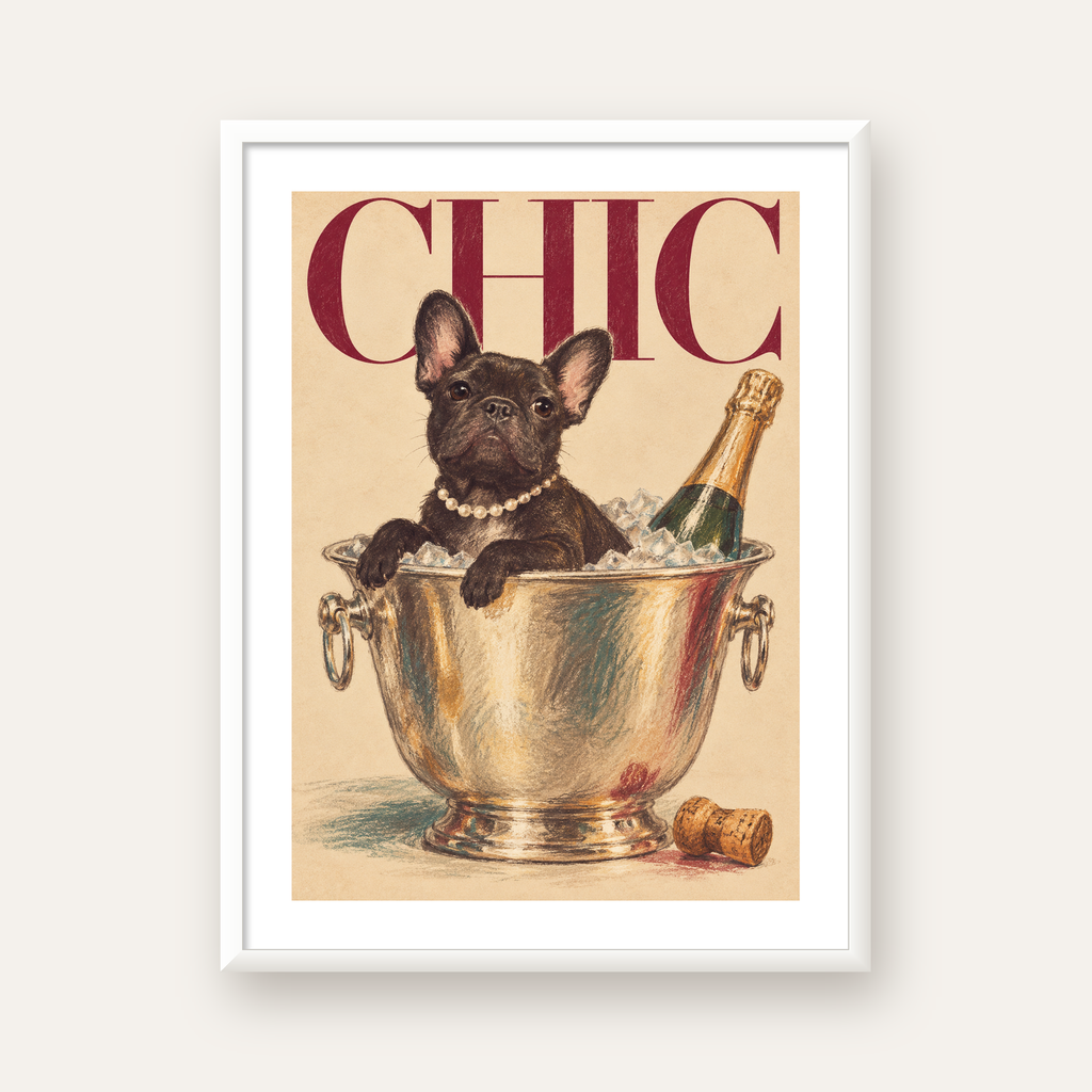 Chic Köpek ve Şampanya Kovalı Şık Poster – Lüks Eğlence Stili — beyaz çerçeveli dikey poster