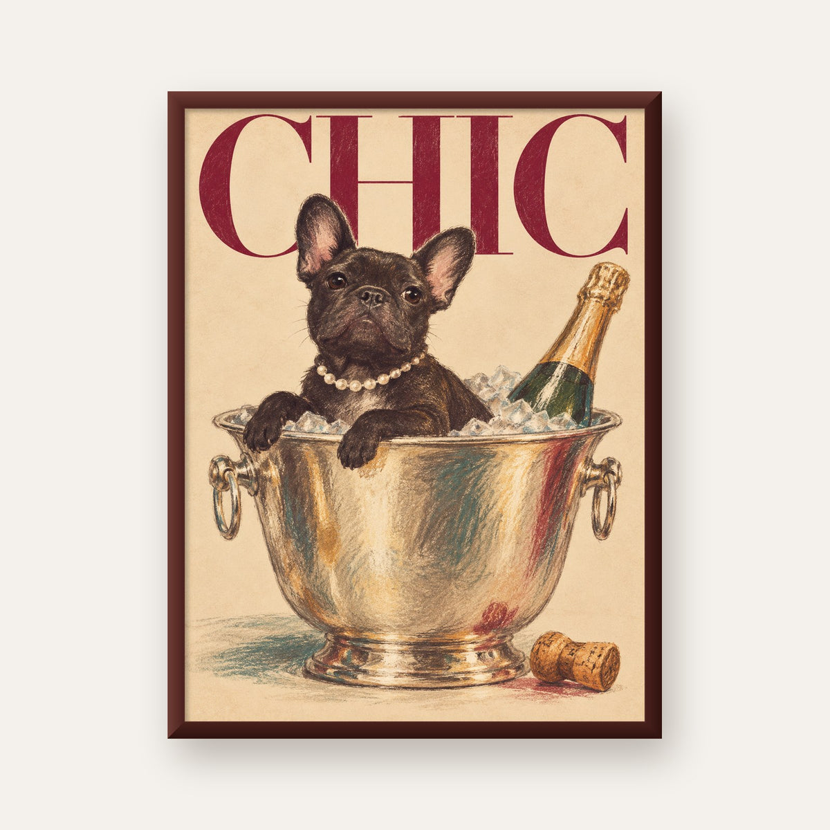 Chic Köpek ve Şampanya Kovalı Şık Poster – Lüks Eğlence Stili — ceviz çerçeveli