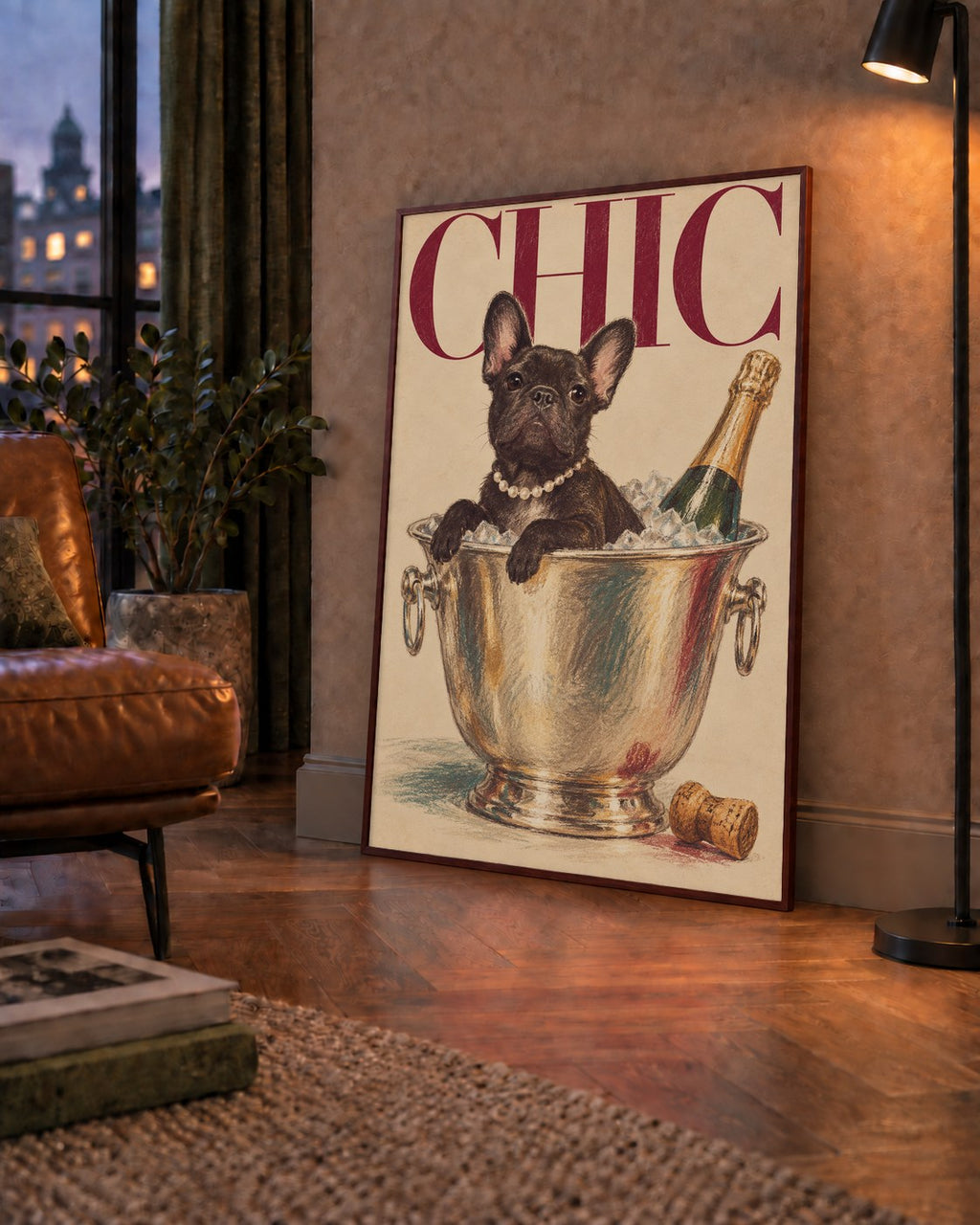Chic Köpek ve Şampanya Kovalı Şık Poster – Lüks Eğlence Stili — çerçeveli hâliyle bir ev duvarında