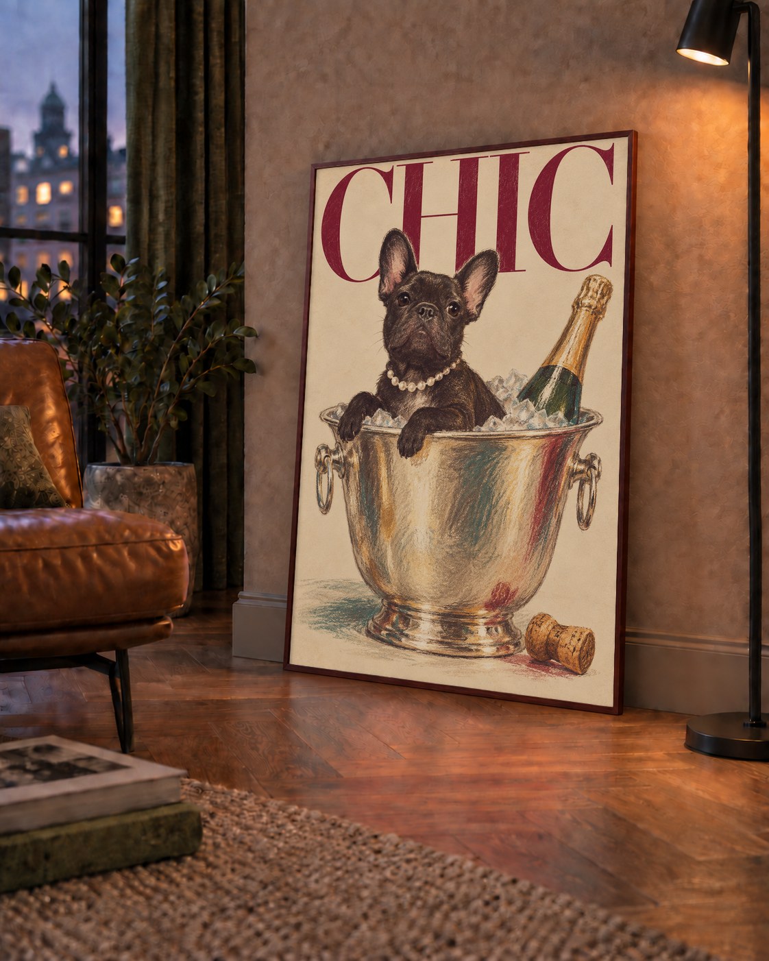 Chic Köpek ve Şampanya Kovalı Şık Poster – Lüks Eğlence Stili — çerçeveli hâliyle bir ev duvarında