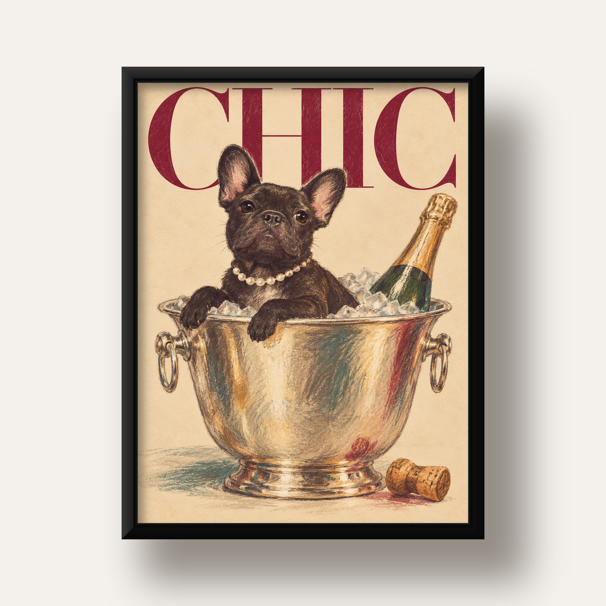 Chic Köpek ve Şampanya Kovalı Şık Poster – Lüks Eğlence Stili — siyah derin çerçeveli