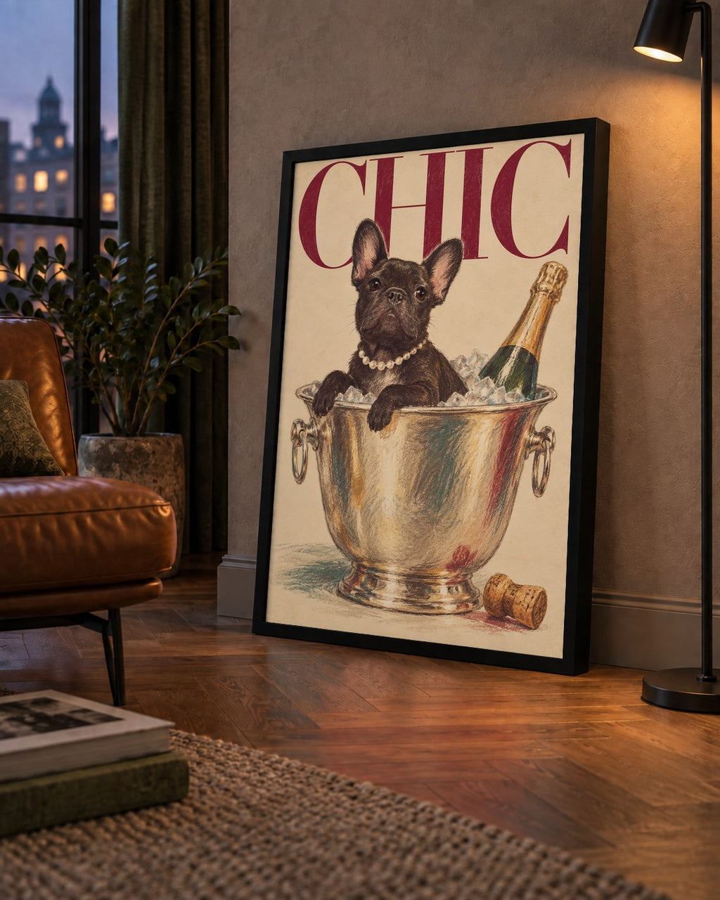 Chic Köpek ve Şampanya Kovalı Şık Poster – Lüks Eğlence Stili — çerçeveli hâliyle bir ev duvarında