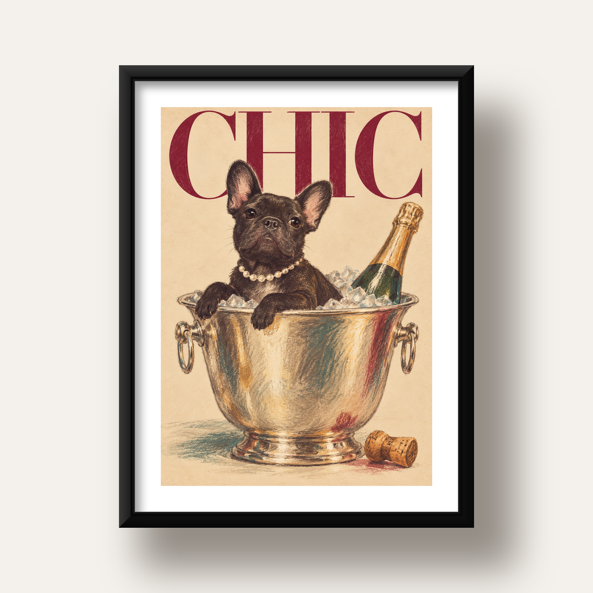 Chic Köpek ve Şampanya Kovalı Şık Poster – Lüks Eğlence Stili — siyah derin çerçeveli paspartulu