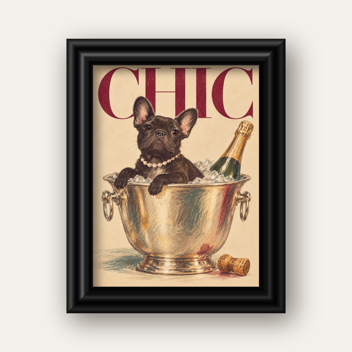 Chic Köpek ve Şampanya Kovalı Şık Poster – Lüks Eğlence Stili — siyah galeri çerçeveli