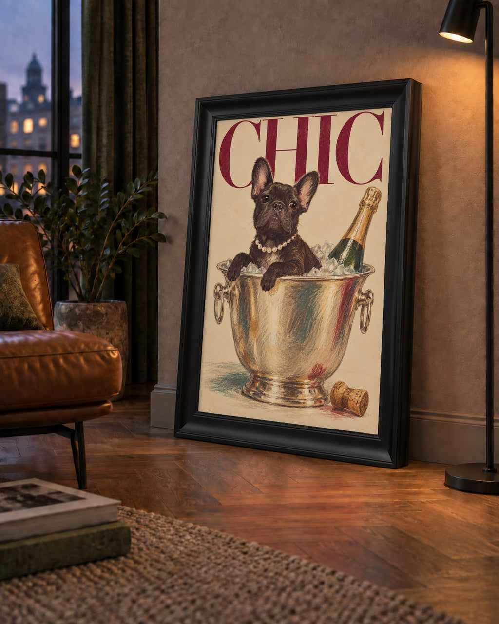 Chic Köpek ve Şampanya Kovalı Şık Poster – Lüks Eğlence Stili — çerçeveli hâliyle bir ev duvarında