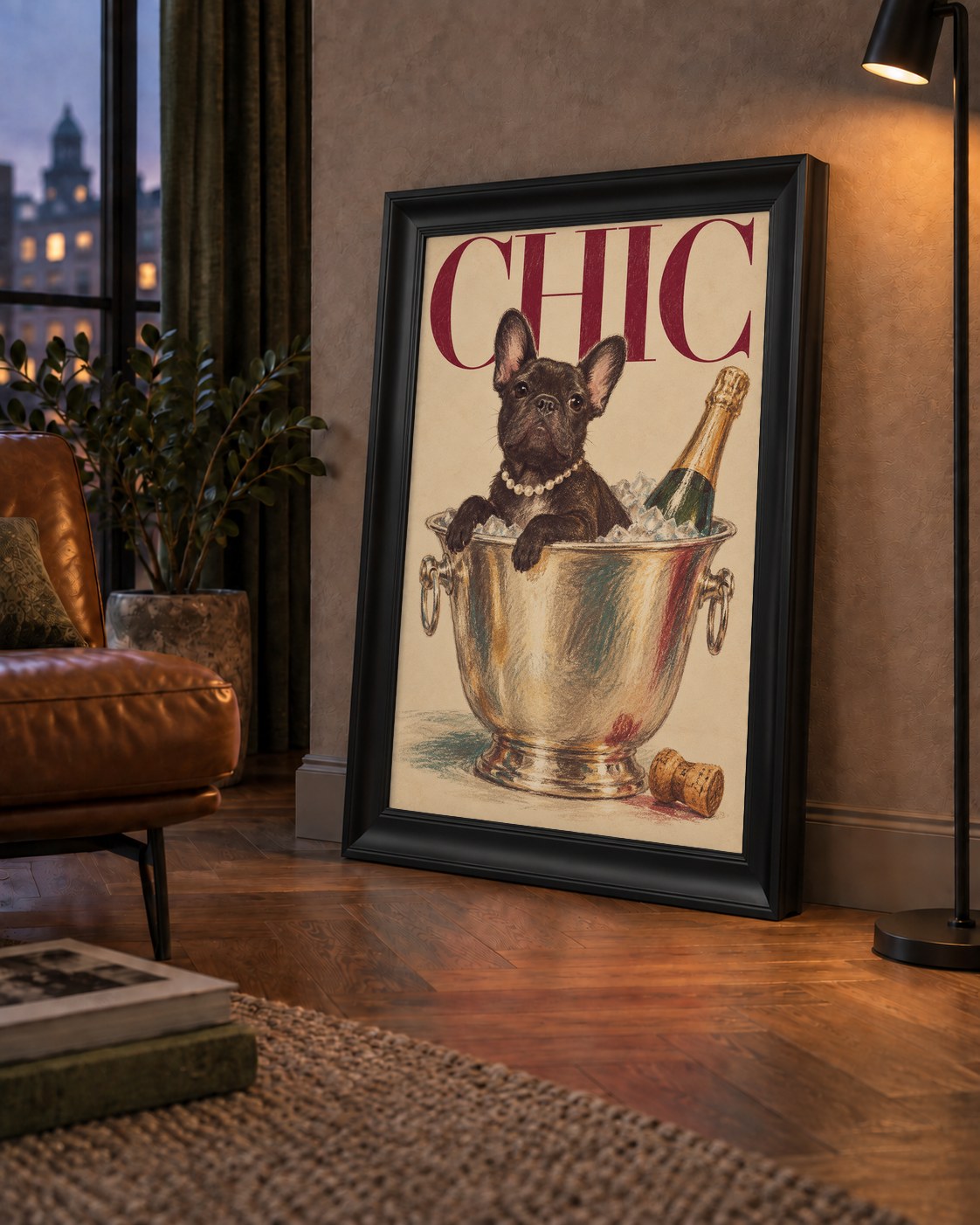 Chic Köpek ve Şampanya Kovalı Şık Poster – Lüks Eğlence Stili — çerçeveli hâliyle bir ev duvarında