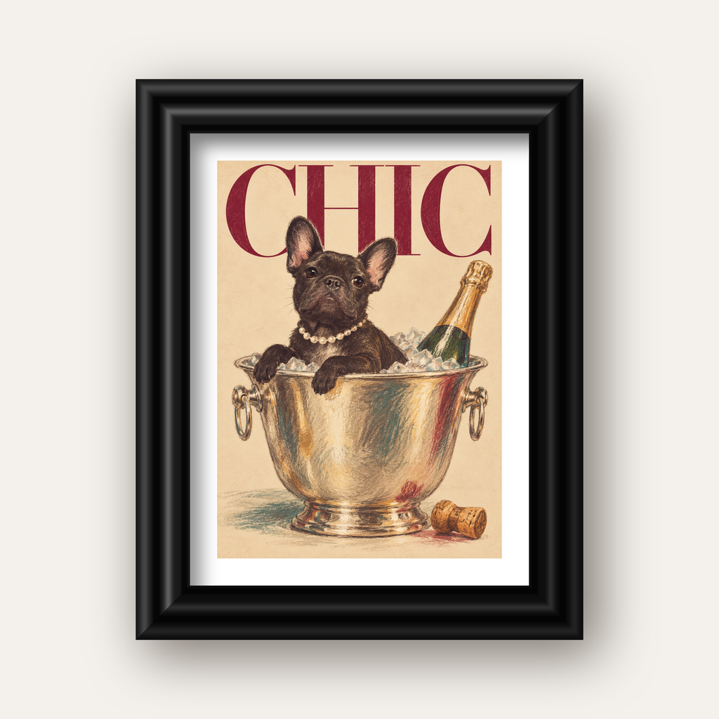 Chic Köpek ve Şampanya Kovalı Şık Poster – Lüks Eğlence Stili — siyah galeri çerçeveli paspartulu