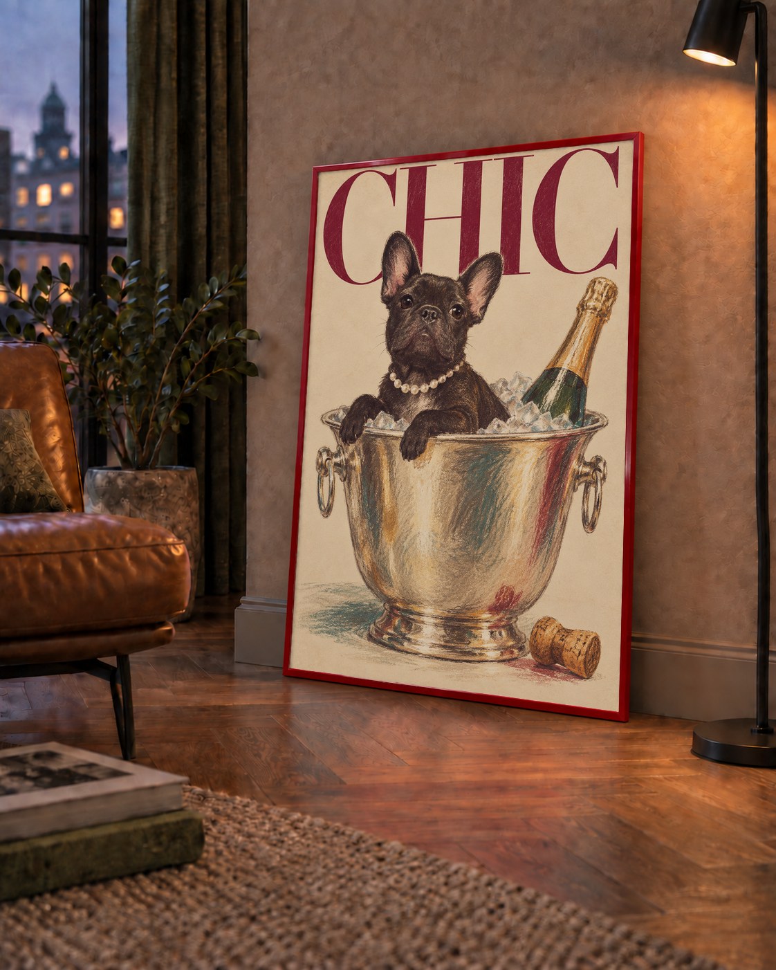 Chic Köpek ve Şampanya Kovalı Şık Poster – Lüks Eğlence Stili — çerçeveli hâliyle bir ev duvarında