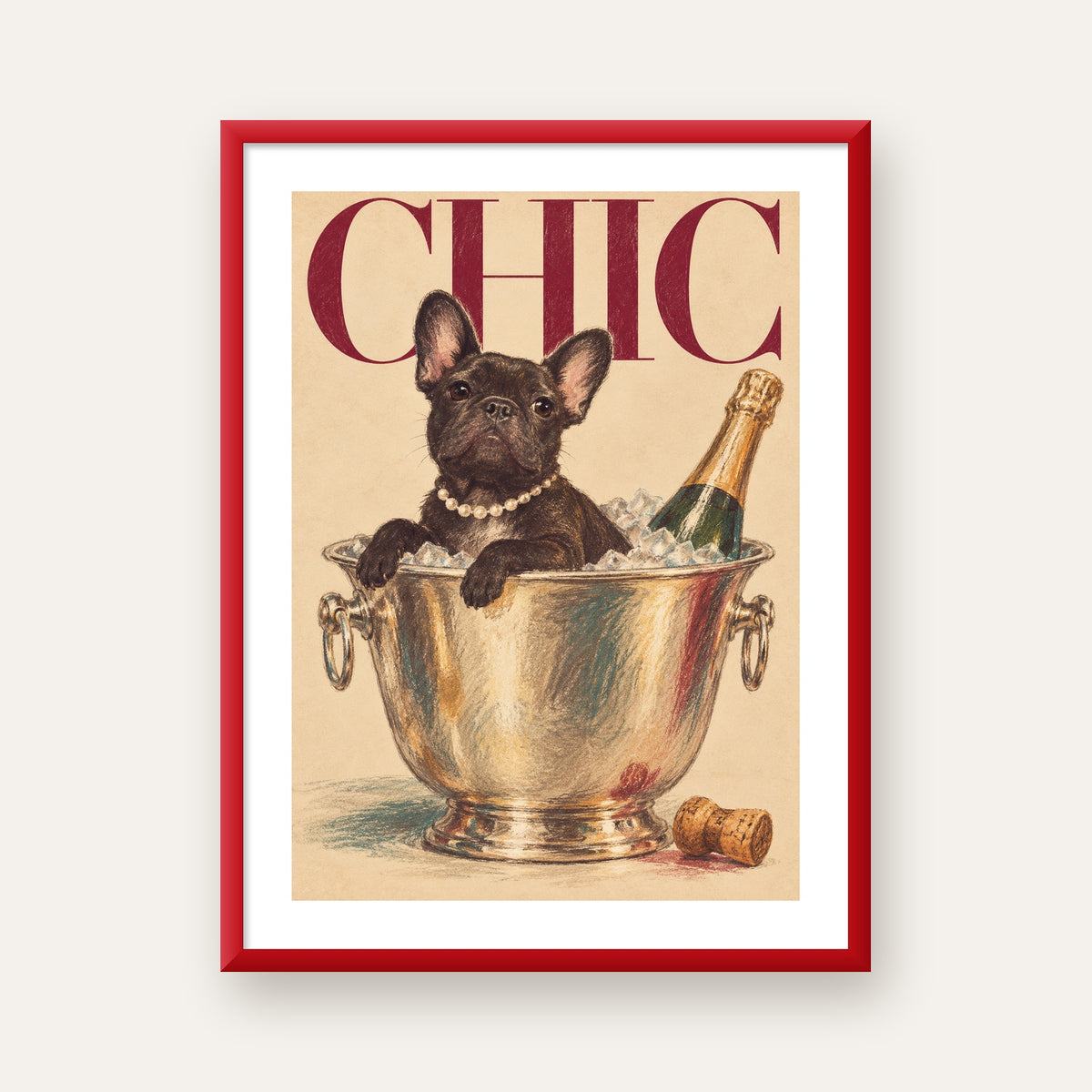 Chic Köpek ve Şampanya Kovalı Şık Poster – Lüks Eğlence Stili — kırmızı çerçeveli paspartulu