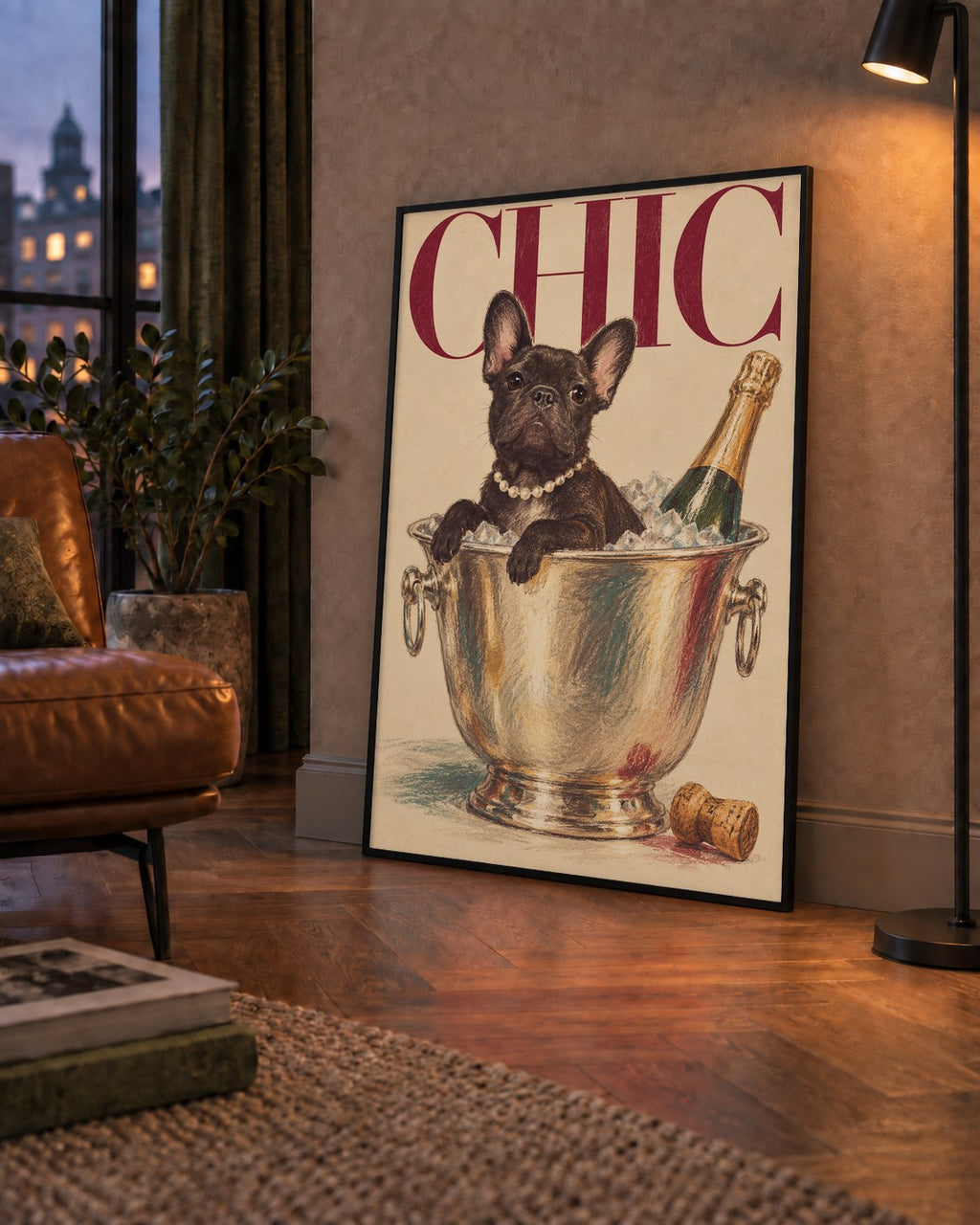 Chic Köpek ve Şampanya Kovalı Şık Poster – Lüks Eğlence Stili — çerçeveli hâliyle bir ev duvarında