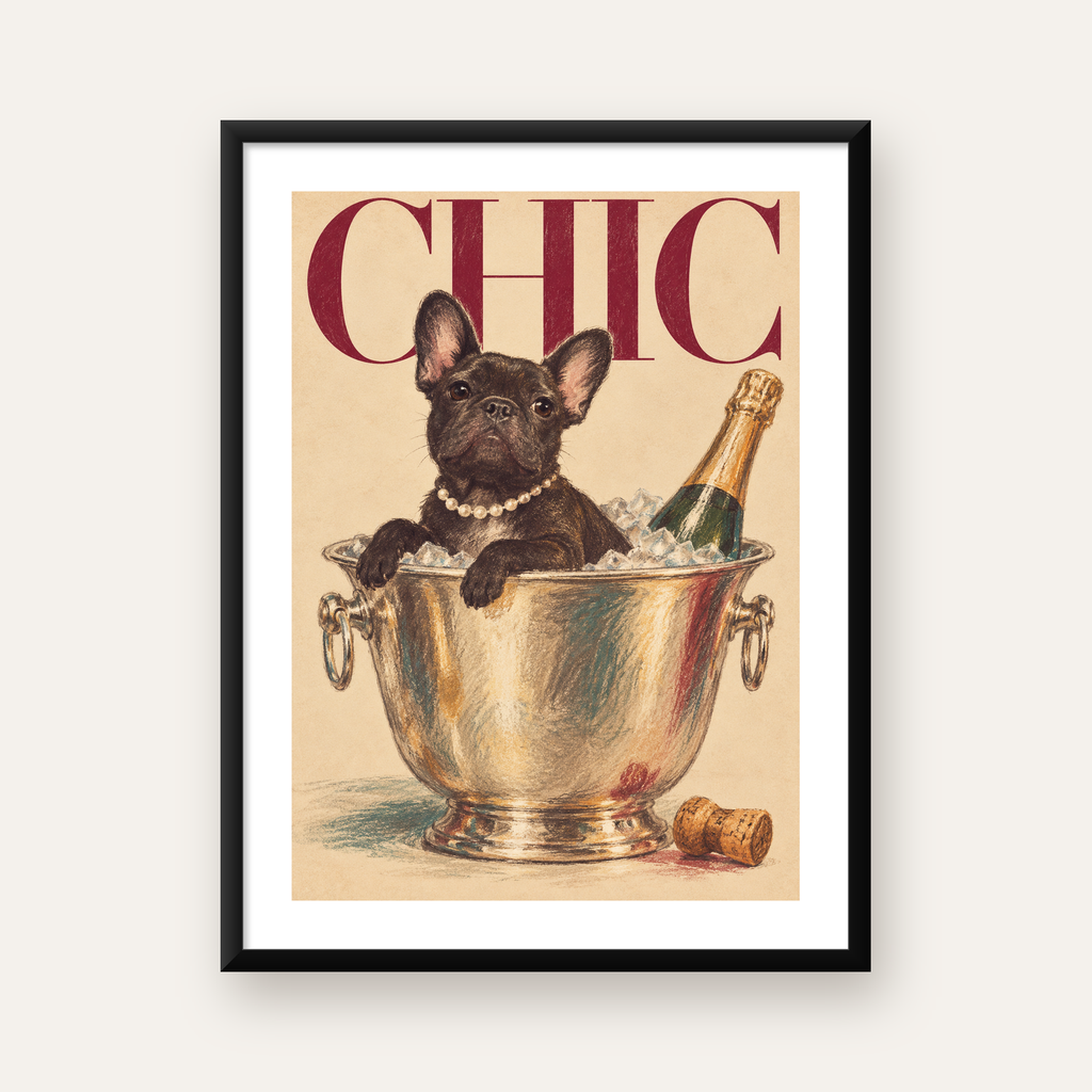 Chic Köpek ve Şampanya Kovalı Şık Poster – Lüks Eğlence Stili — Dikey baskı, beyaz kenar boşluklu