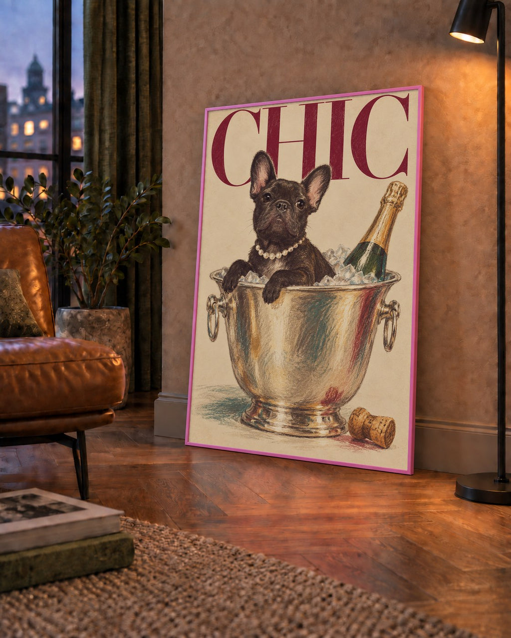 Chic Köpek ve Şampanya Kovalı Şık Poster – Lüks Eğlence Stili — çerçeveli hâliyle bir ev duvarında