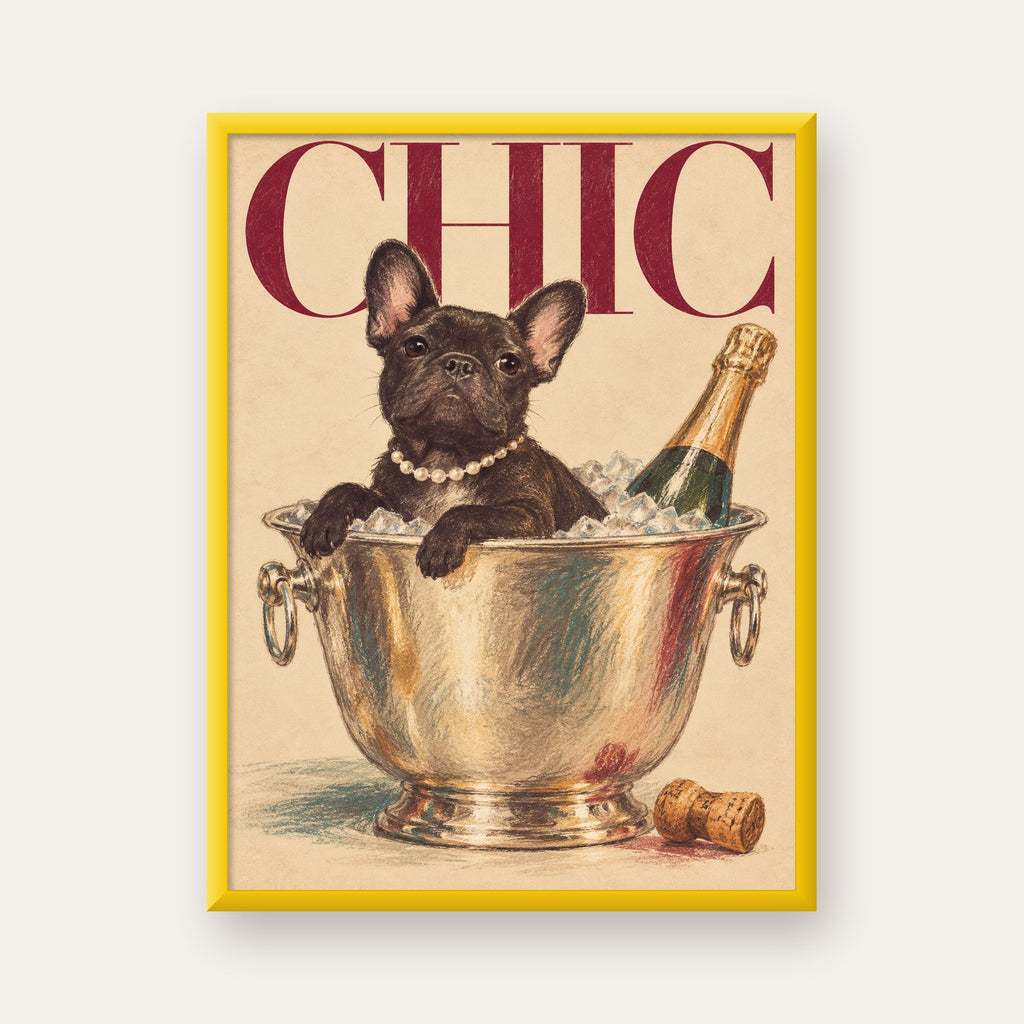 Chic Köpek ve Şampanya Kovalı Şık Poster – Lüks Eğlence Stili — sarı çerçeveli