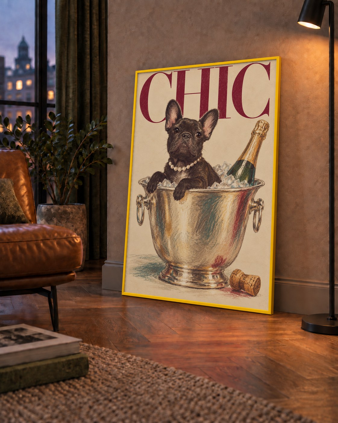 Chic Köpek ve Şampanya Kovalı Şık Poster – Lüks Eğlence Stili — çerçeveli hâliyle bir ev duvarında