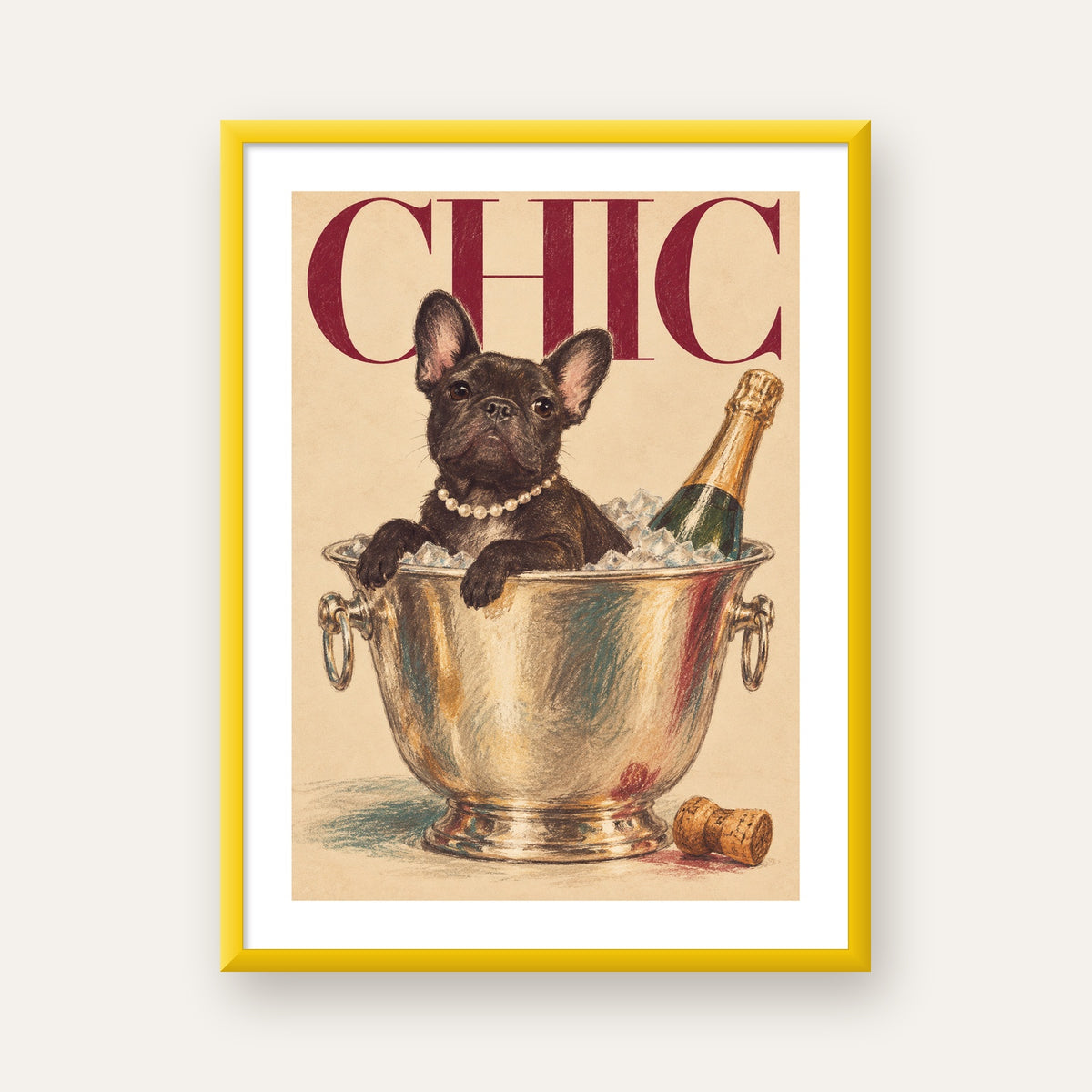 Chic Köpek ve Şampanya Kovalı Şık Poster – Lüks Eğlence Stili — sarı çerçeveli paspartulu