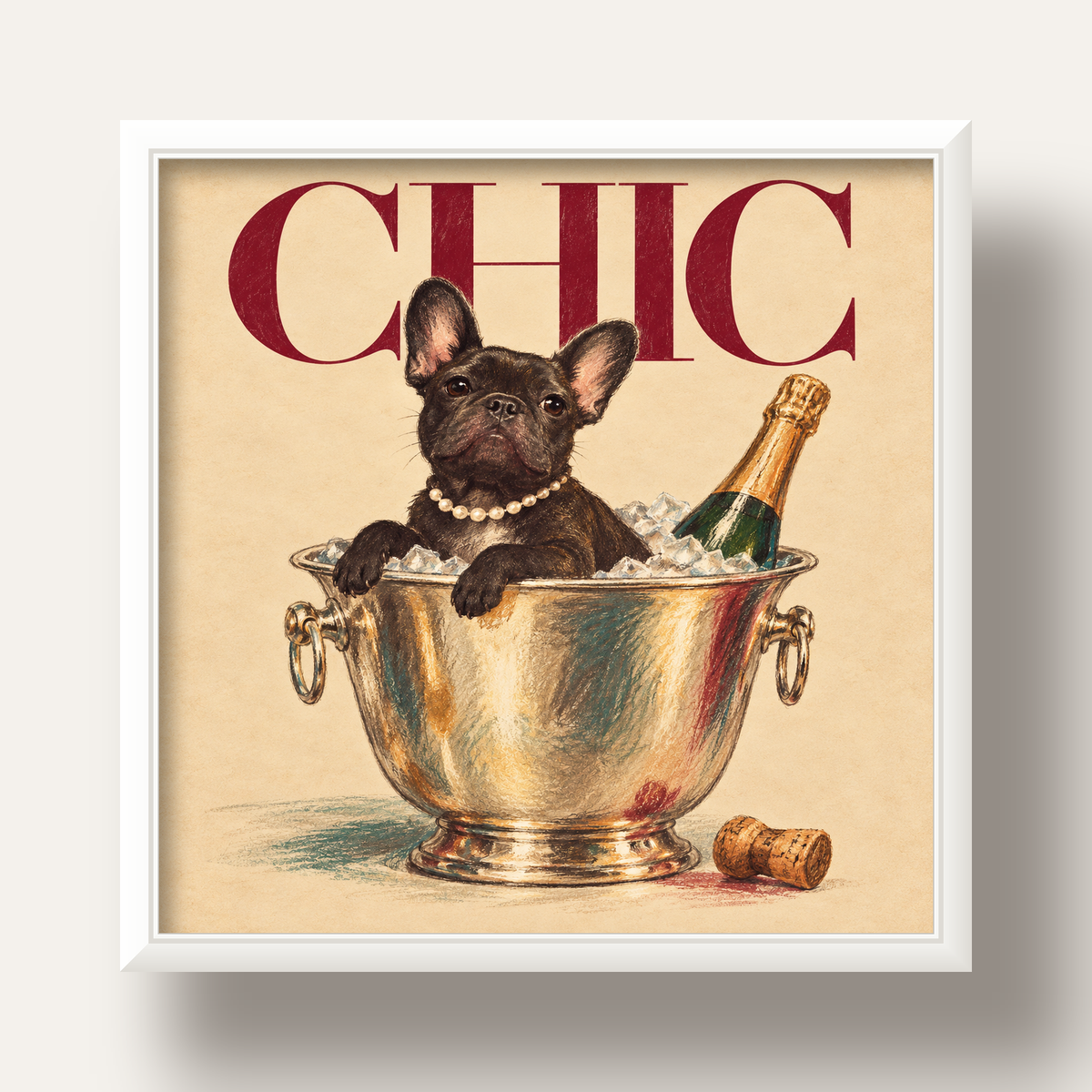 Chic Köpek ve Şampanya Kovalı Şık Poster – Lüks Eğlence Stili — beyaz derin çerçeveli