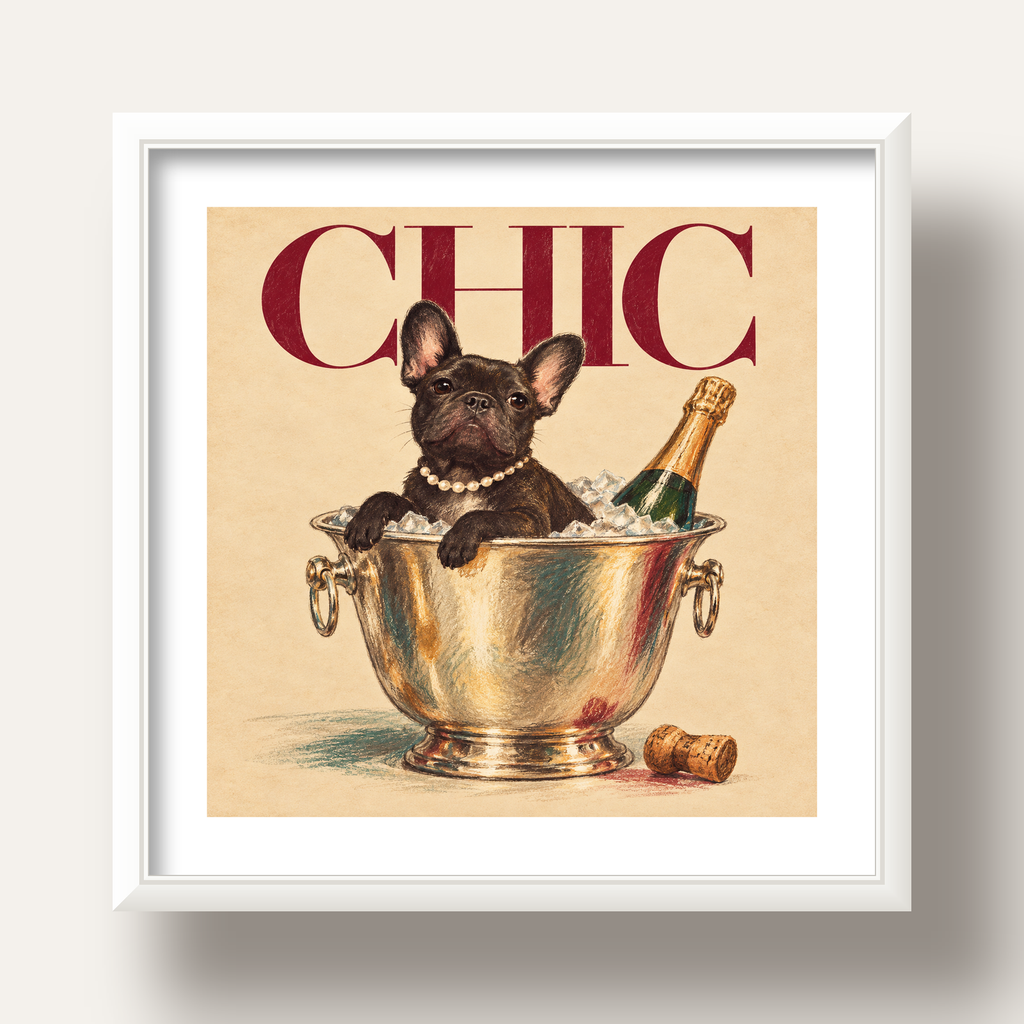 Chic Köpek ve Şampanya Kovalı Şık Poster – Lüks Eğlence Stili — beyaz derin çerçeveli paspartulu