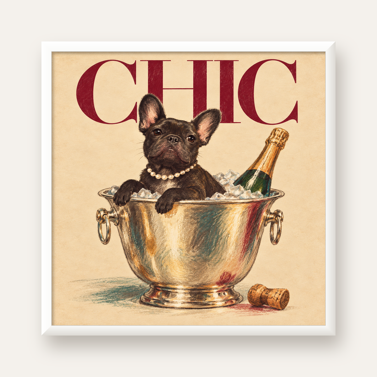 Chic Köpek ve Şampanya Kovalı Şık Poster – Lüks Eğlence Stili — beyaz çerçeveli kare poster