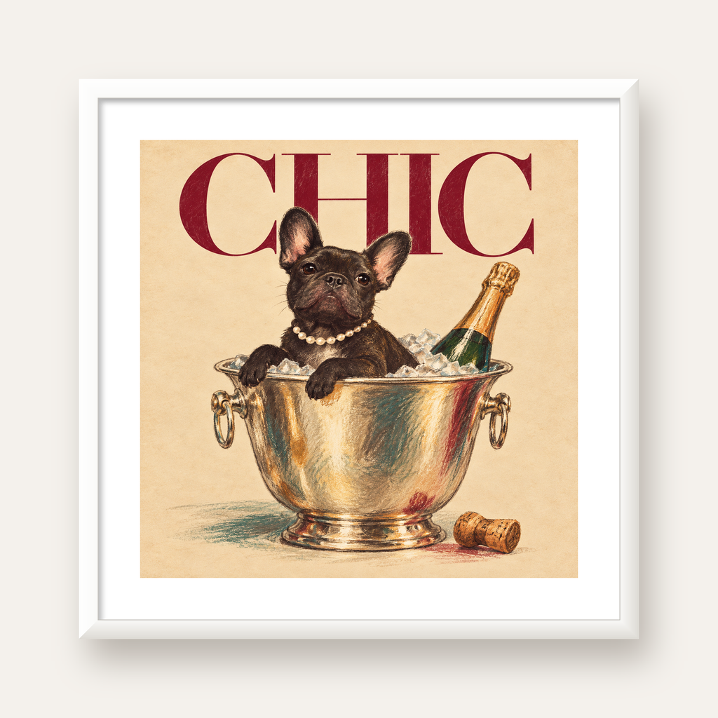 Chic Köpek ve Şampanya Kovalı Şık Poster – Lüks Eğlence Stili — beyaz çerçeveli kare poster