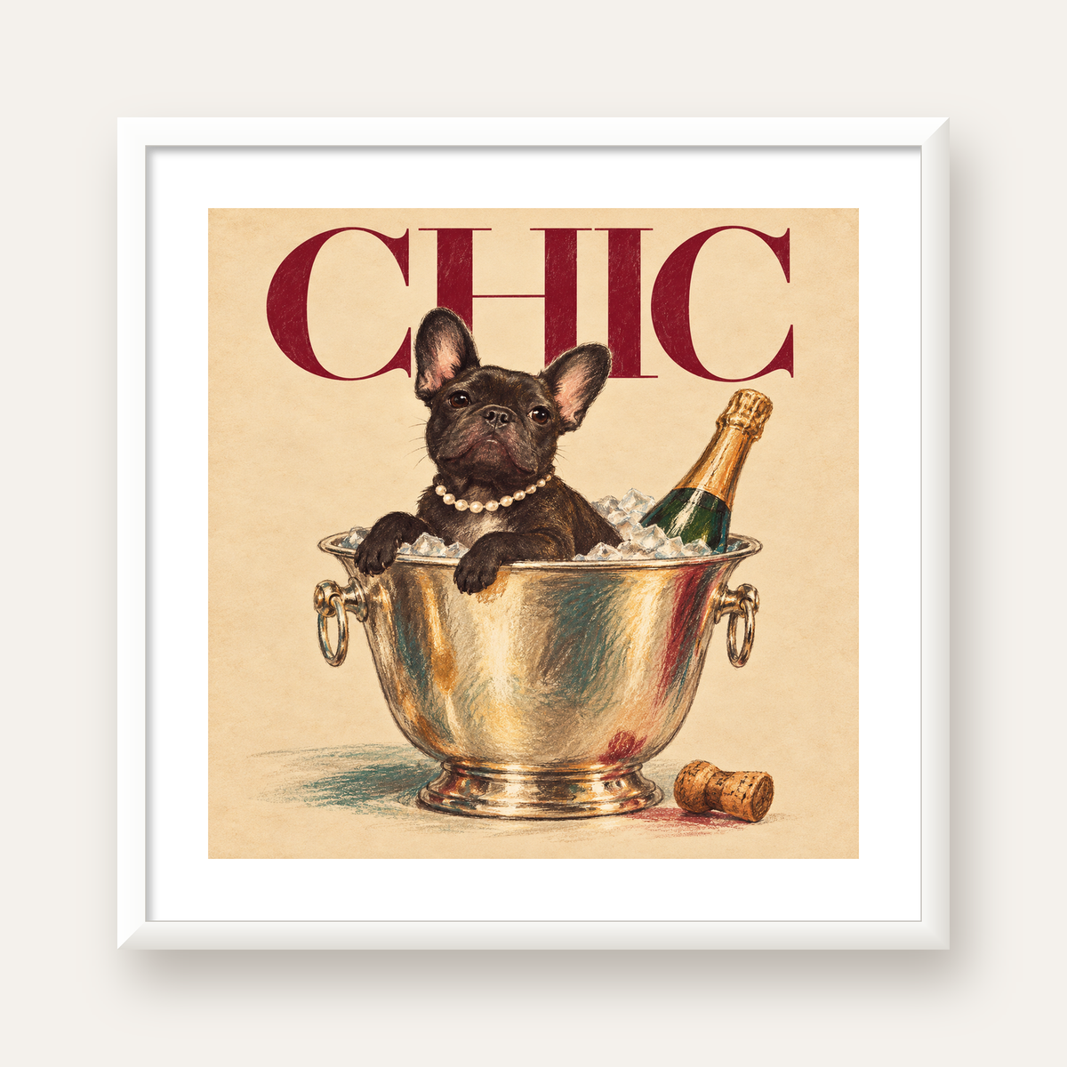 Chic Köpek ve Şampanya Kovalı Şık Poster – Lüks Eğlence Stili — beyaz çerçeveli kare poster