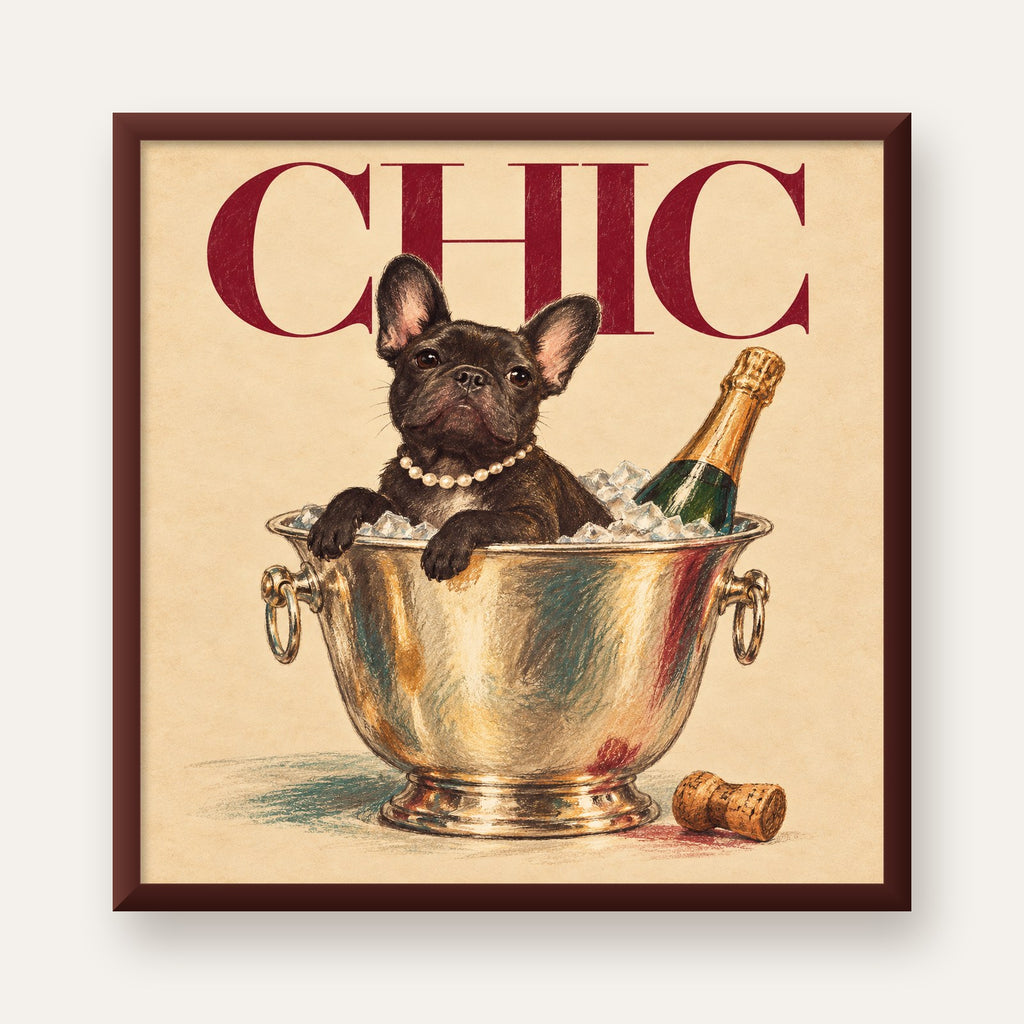 Chic Köpek ve Şampanya Kovalı Şık Poster – Lüks Eğlence Stili — ceviz çerçeveli