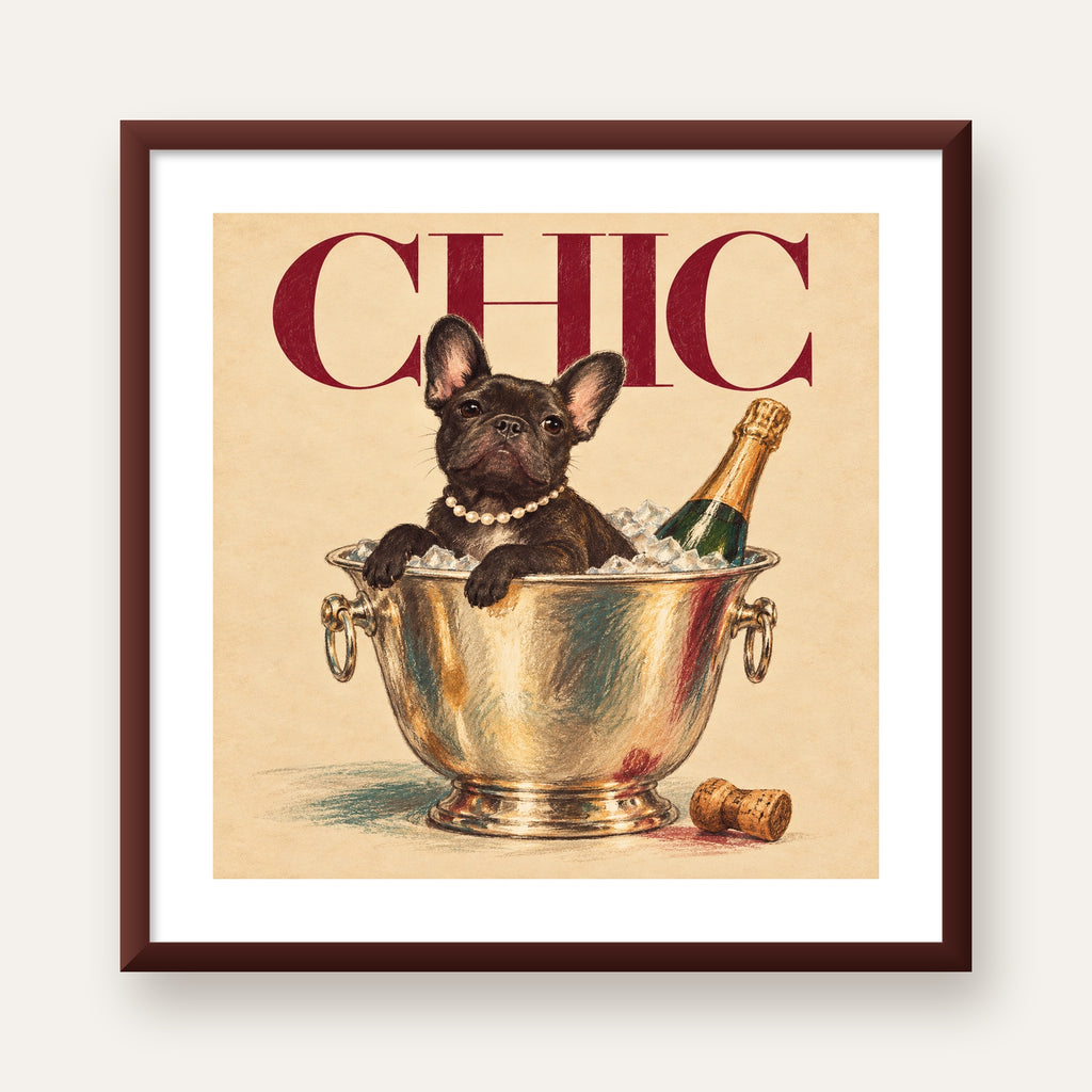 Chic Köpek ve Şampanya Kovalı Şık Poster – Lüks Eğlence Stili — ceviz çerçeveli paspartulu