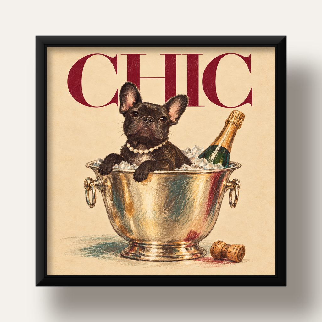 Chic Köpek ve Şampanya Kovalı Şık Poster – Lüks Eğlence Stili — siyah derin çerçeveli