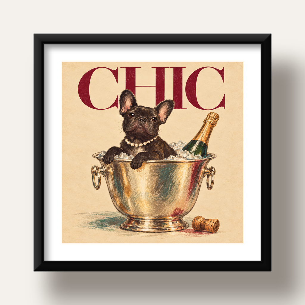 Chic Köpek ve Şampanya Kovalı Şık Poster – Lüks Eğlence Stili — siyah derin çerçeveli paspartulu