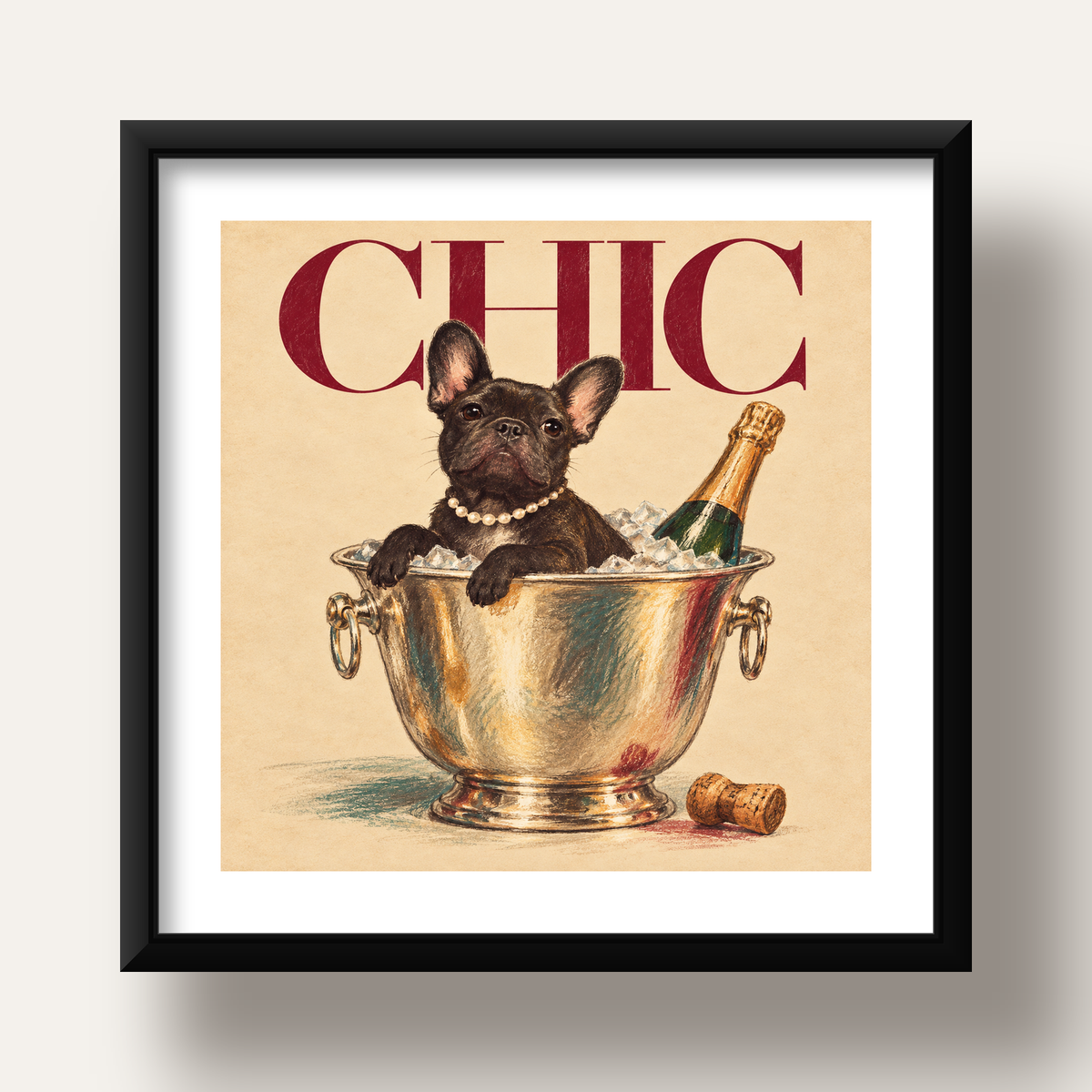 Chic Köpek ve Şampanya Kovalı Şık Poster – Lüks Eğlence Stili — siyah derin çerçeveli paspartulu