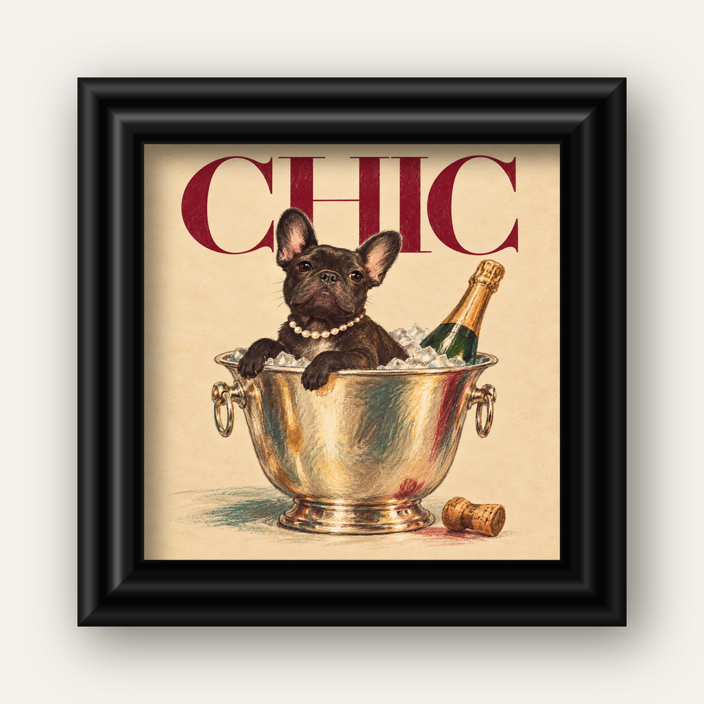 Chic Köpek ve Şampanya Kovalı Şık Poster – Lüks Eğlence Stili — siyah galeri çerçeveli