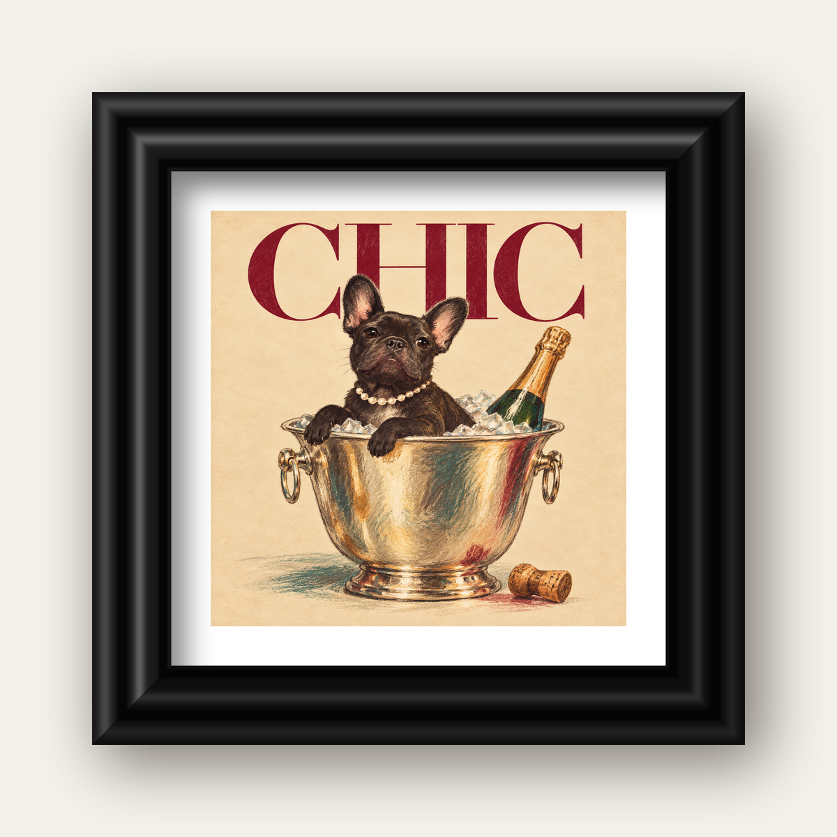 Chic Köpek ve Şampanya Kovalı Şık Poster – Lüks Eğlence Stili — siyah galeri çerçeveli paspartulu