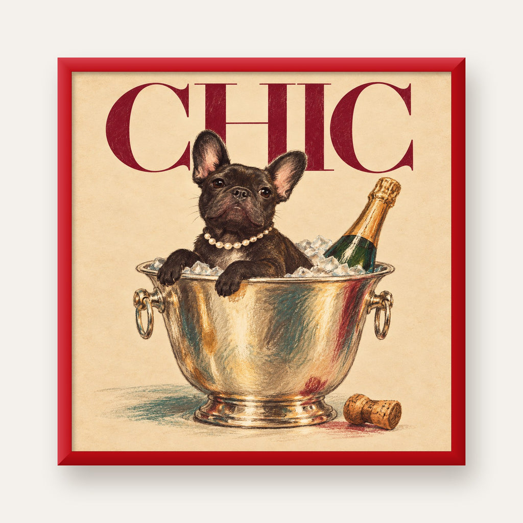 Chic Köpek ve Şampanya Kovalı Şık Poster – Lüks Eğlence Stili — kırmızı çerçeveli