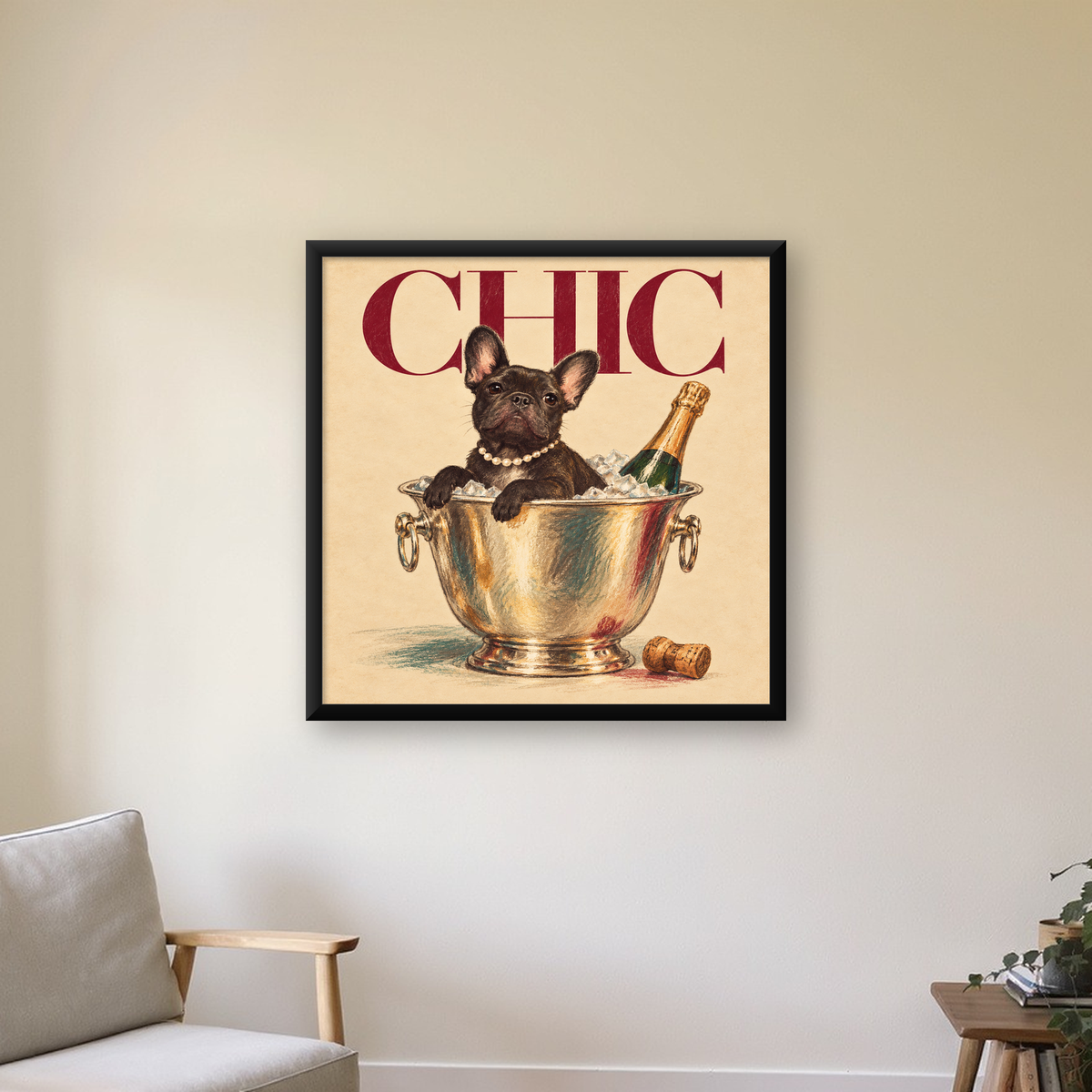 Chic Köpek ve Şampanya Kovalı Şık Poster – Lüks Eğlence Stili — Kare baskı, çerçeveli hâliyle bir ev duvarında
