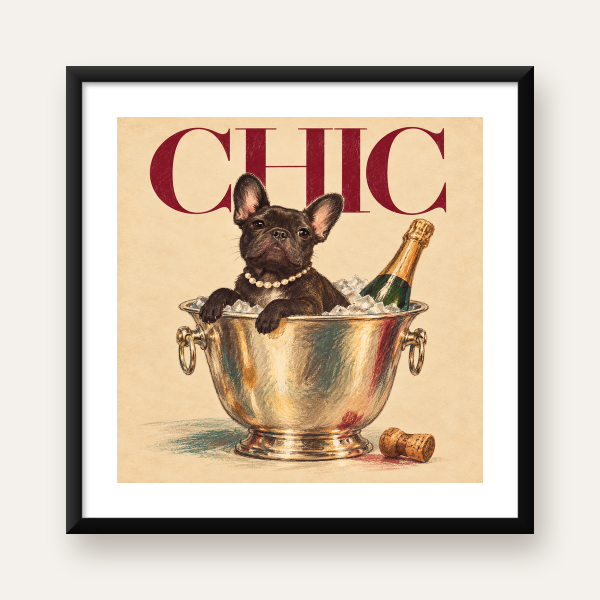 Chic Köpek ve Şampanya Kovalı Şık Poster – Lüks Eğlence Stili — Kare baskı, beyaz kenar boşluklu