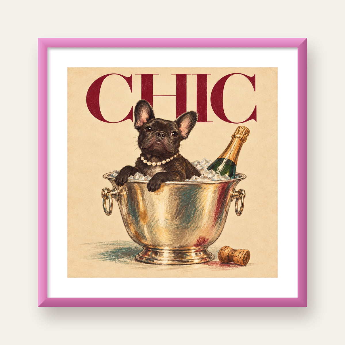Chic Köpek ve Şampanya Kovalı Şık Poster – Lüks Eğlence Stili — pembe çerçeveli paspartulu