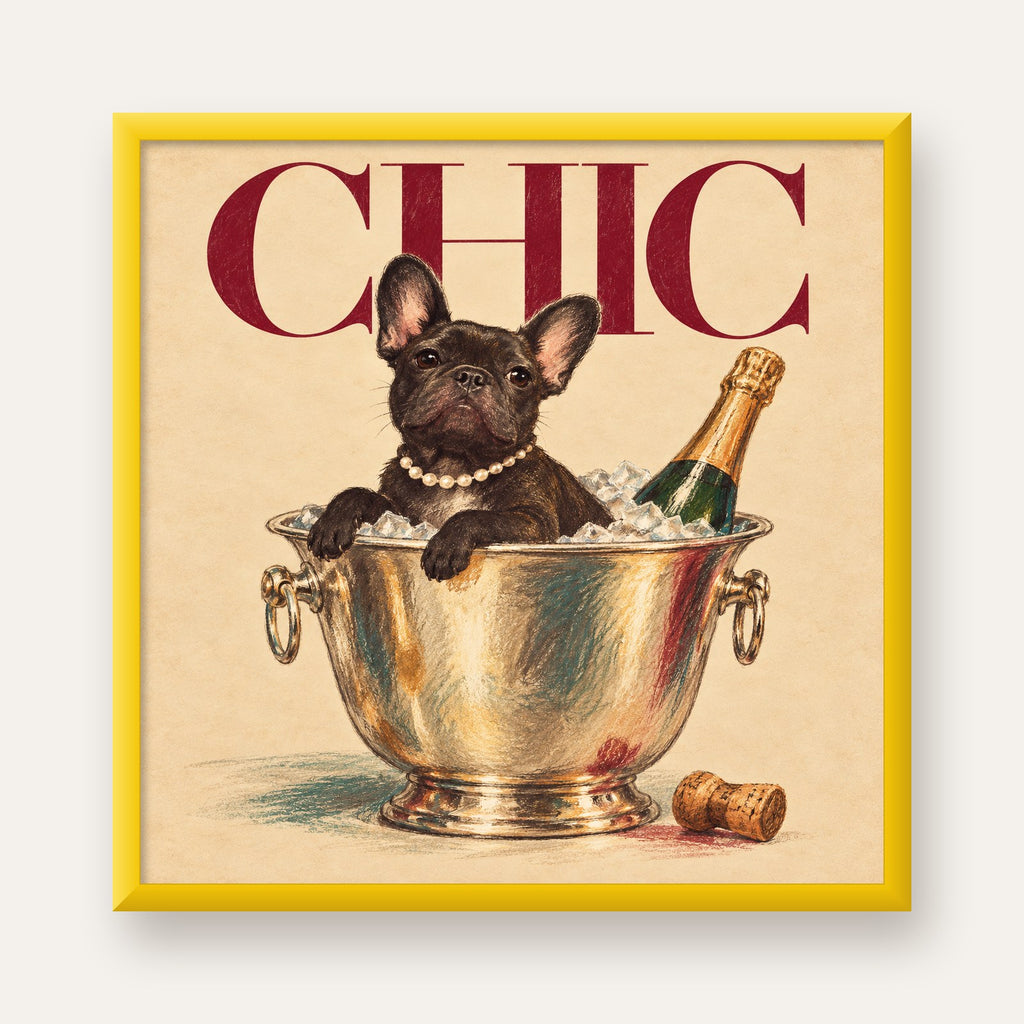 Chic Köpek ve Şampanya Kovalı Şık Poster – Lüks Eğlence Stili — sarı çerçeveli