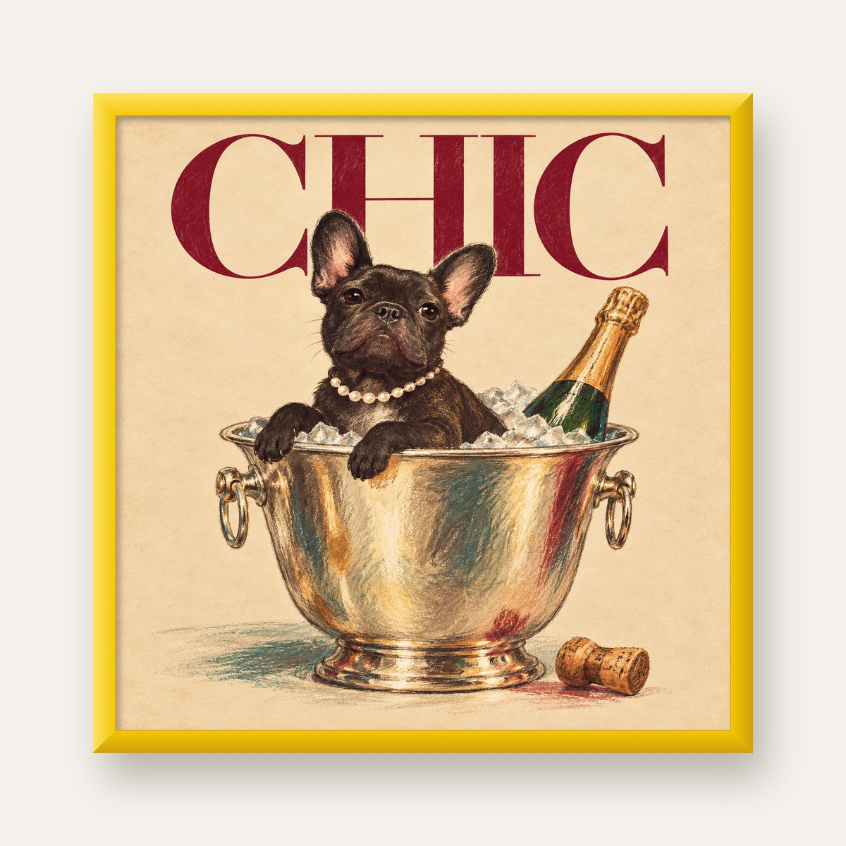 Chic Köpek ve Şampanya Kovalı Şık Poster – Lüks Eğlence Stili — sarı çerçeveli