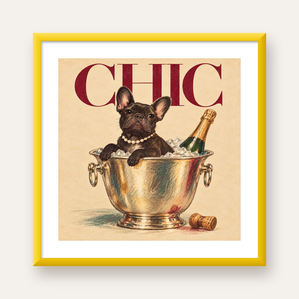 Chic Köpek ve Şampanya Kovalı Şık Poster – Lüks Eğlence Stili — sarı çerçeveli paspartulu