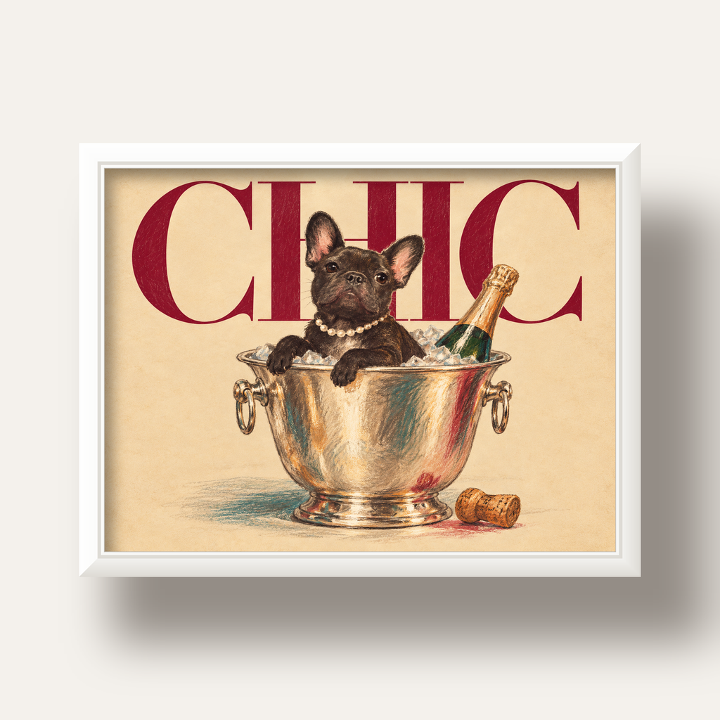 Chic Köpek ve Şampanya Kovalı Şık Poster – Lüks Eğlence Stili — beyaz derin çerçeveli