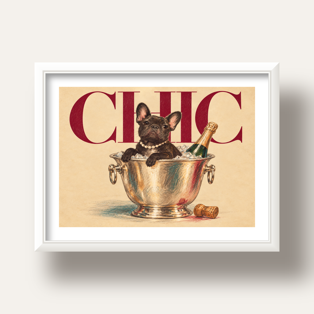 Chic Köpek ve Şampanya Kovalı Şık Poster – Lüks Eğlence Stili — beyaz derin çerçeveli paspartulu