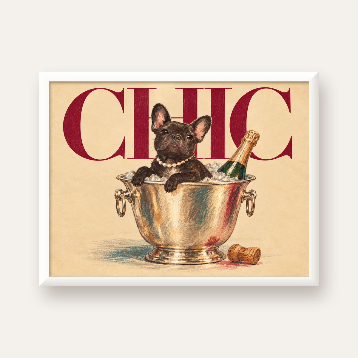 Chic Köpek ve Şampanya Kovalı Şık Poster – Lüks Eğlence Stili — beyaz çerçeveli yatay poster