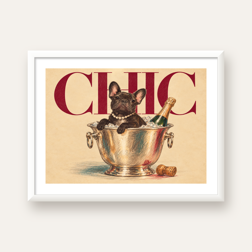 Chic Köpek ve Şampanya Kovalı Şık Poster – Lüks Eğlence Stili — beyaz çerçeveli yatay poster