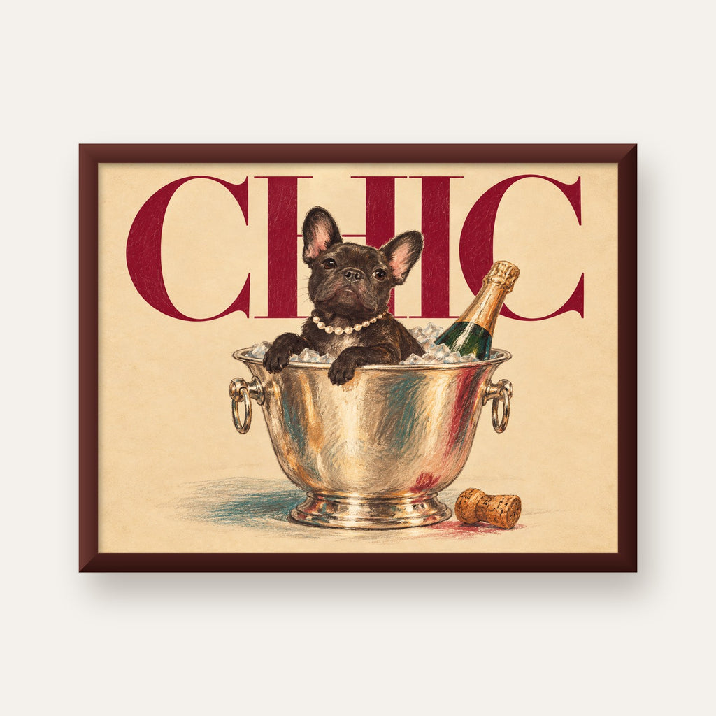 Chic Köpek ve Şampanya Kovalı Şık Poster – Lüks Eğlence Stili — ceviz çerçeveli