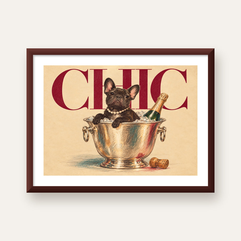 Chic Köpek ve Şampanya Kovalı Şık Poster – Lüks Eğlence Stili — ceviz çerçeveli paspartulu