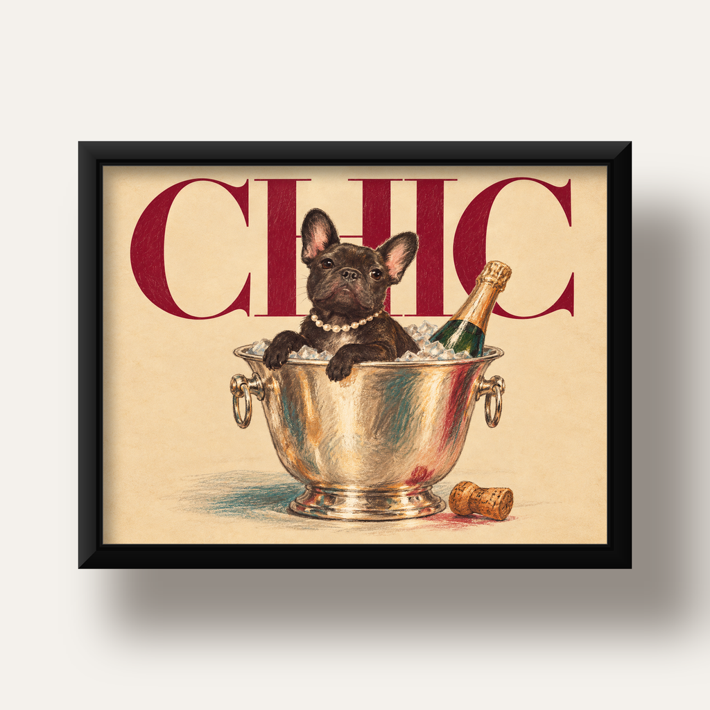 Chic Köpek ve Şampanya Kovalı Şık Poster – Lüks Eğlence Stili — siyah derin çerçeveli